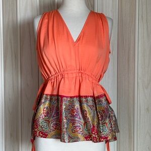 Carven Orange Peplum Blouse Sleeveless Asymmetrical